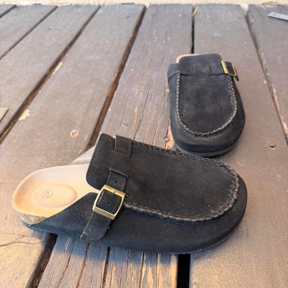 Black suede leather clogs with gold buckle